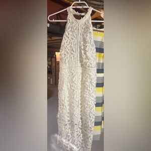 Elegant White Lace Halter mid Maxi medium Dress